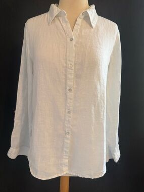 Sigrid Olsen White Button Down Linen Shirt with Back Button Detail